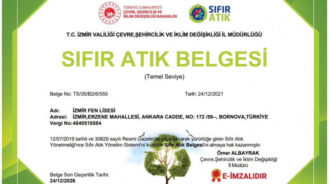 Sıfır Atık Belgemizi Aldık